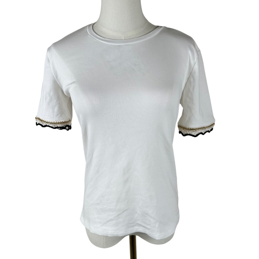New Zara White Cotton T-Shirt Womens L Gold Metallic Trim Black Lace Cuff